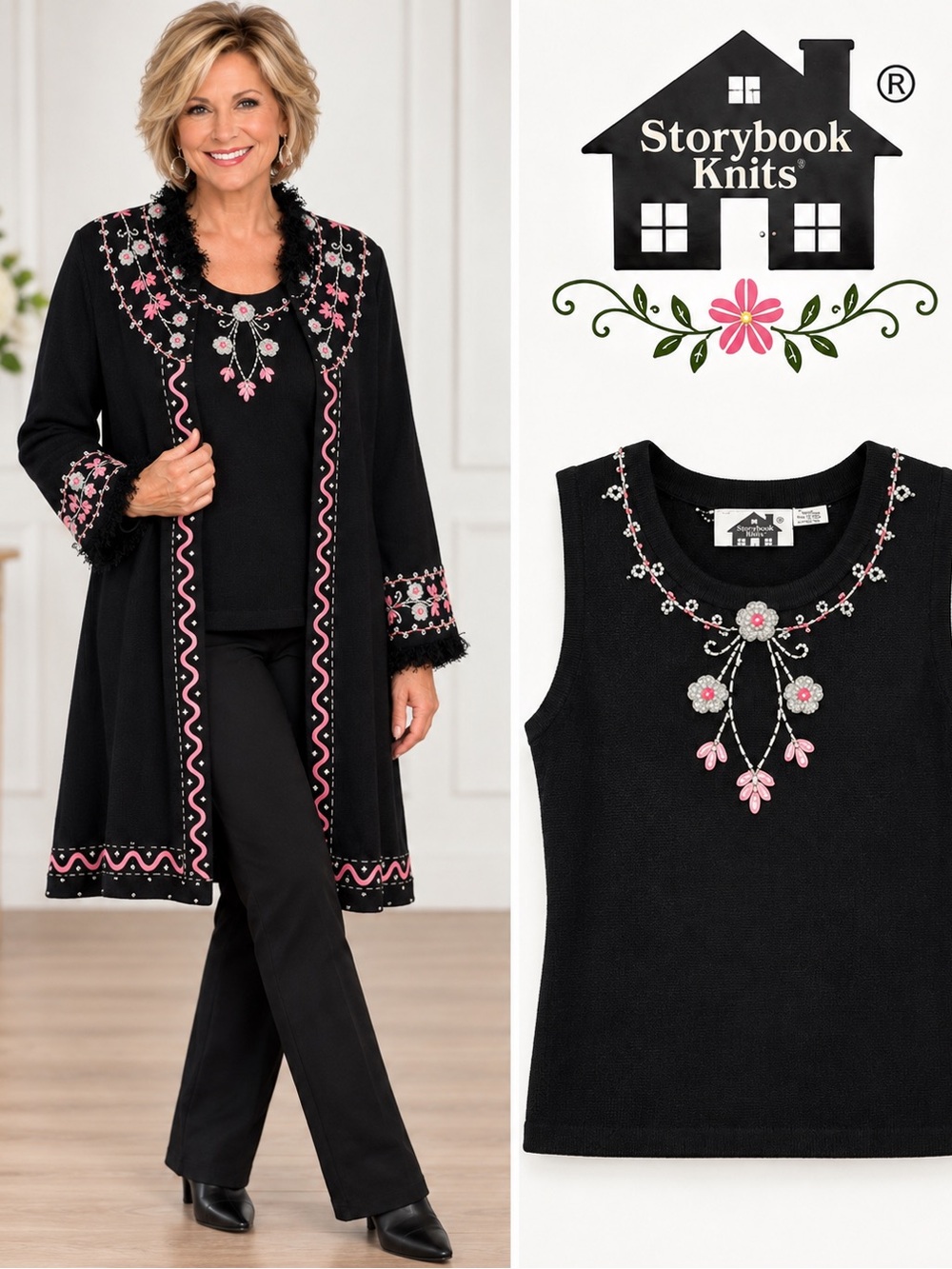 Vintage Storybook Knits 2-Piece Size S Black Embroidered Cardigan & Tank Set